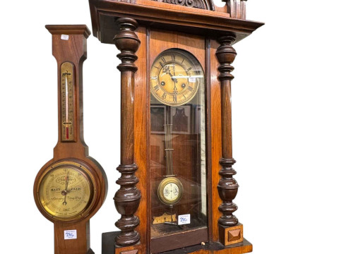Dome topped two door open bookcase, Victorian walnut Vienna wall clock and Short & Mason barometer (3). thumbnail