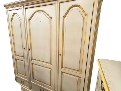 French Louisiane three piece bedroom suite comprising three door armoire with three base drawers, turned leg dressing table and slim six drawer chest. thumbnail