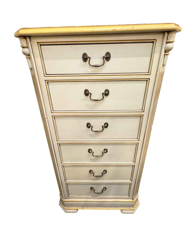 French Louisiane three piece bedroom suite comprising three door armoire with three base drawers, turned leg dressing table and slim six drawer chest.