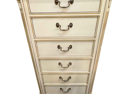 French Louisiane three piece bedroom suite comprising three door armoire with three base drawers, turned leg dressing table and slim six drawer chest. thumbnail