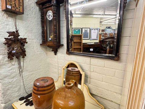 Oval walnut pedestal coffee table, framed bevelled wall mirror, Victorian...