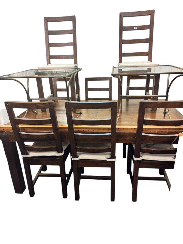 Reclaimed wood rectangular extending dining table with integral leaf, 78cm by 184cm by 112cm (excluding leaf), together with a set of eight ladder back dining chairs.