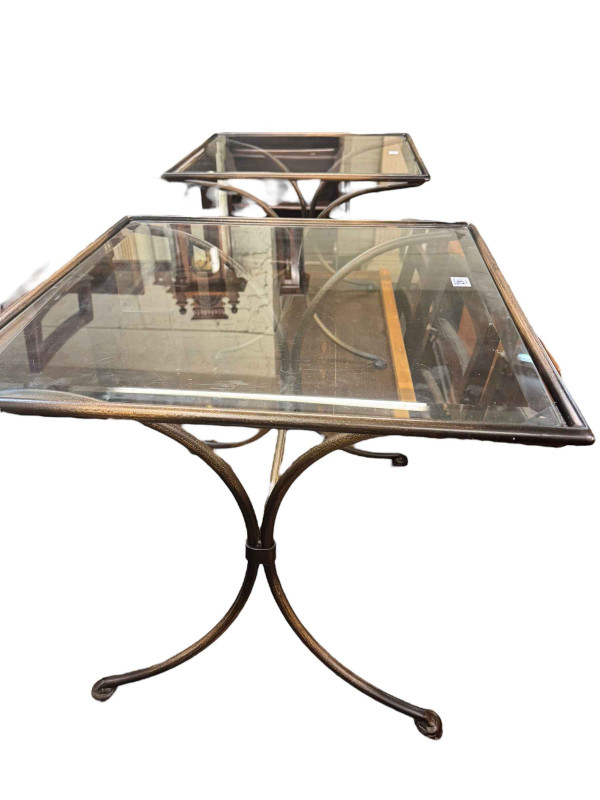 Contemporary wrought metal and glass topped dressing table and stool, and pair wrought iron and glass topped lamp tables (4).