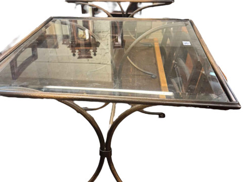 Contemporary wrought metal and glass topped dressing table and stool, and pair wrought iron and glass topped lamp tables (4). thumbnail