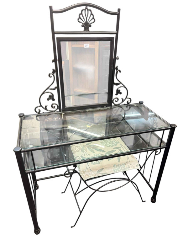 Contemporary wrought metal and glass topped dressing table and stool, and pair wrought iron and glass topped lamp tables (4).
