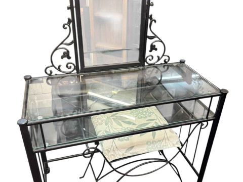 Contemporary wrought metal and glass topped dressing table and stool,...