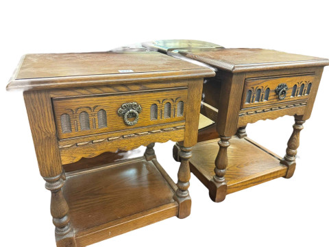 Set of three Old Charm single drawer low tables, Old Charm work box and pair Old Charm torcheres (6). thumbnail
