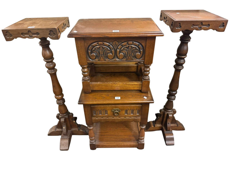 Set of three Old Charm single drawer low tables, Old Charm work box and pair Old Charm torcheres (6).