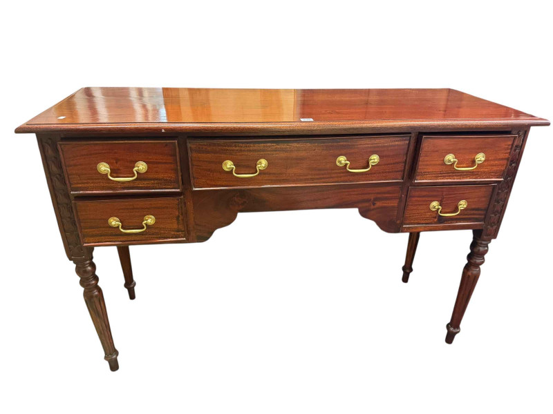 Polished five drawer serving table on turned legs, 89cm by 137cm by 50cm.