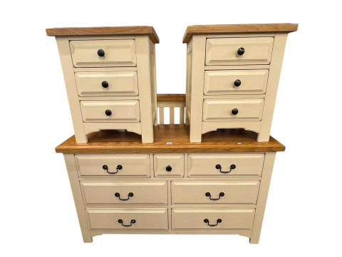 Oak and cream washed four piece bedroom suite comprising seven drawer...