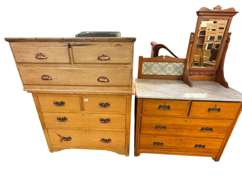 Late Victorian pine four drawer chest, pine trunk and satin walnut marble topped four drawer washstand (3).