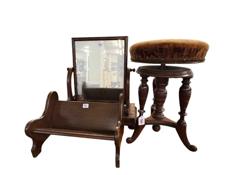 Victorian revolving piano stool, Victorian mahogany toilet mirror and oak book trough (3).