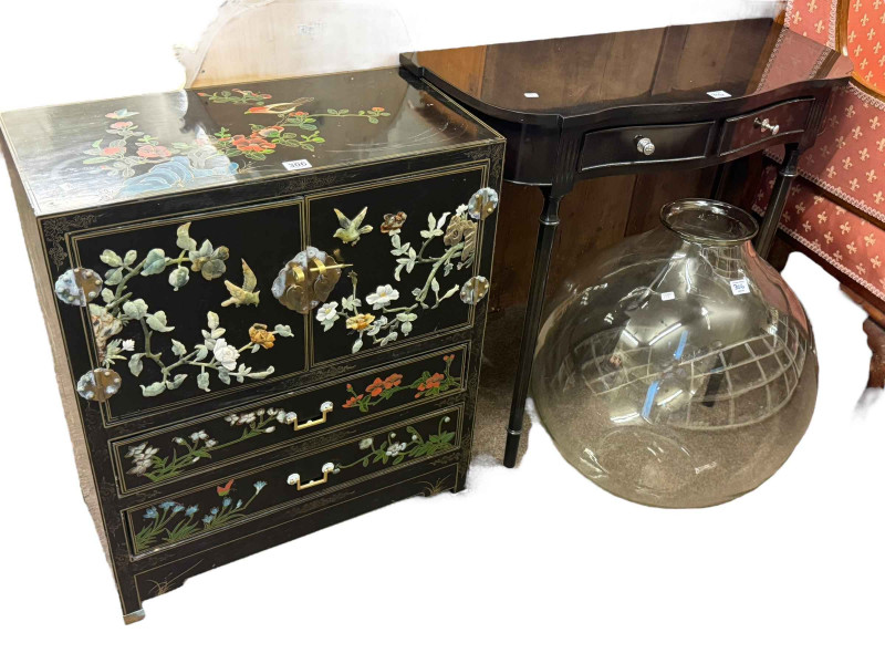 Oriental style black lacquered two drawer cabinet with applied and painted decoration, Siesta two drawer console table, shaped wall mirror and carboy (4).