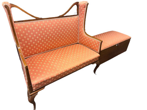Edwardian parlour settee on cabriole legs and cushion topped blanket box...