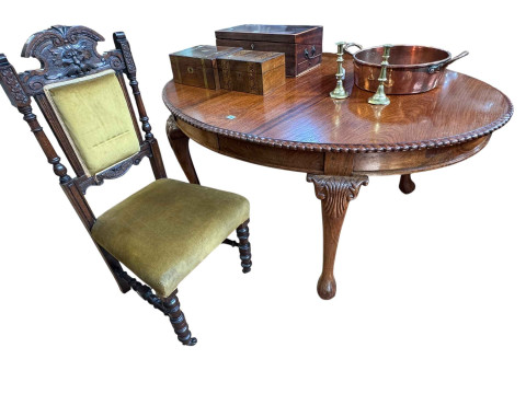 Oval mahogany Chippendale style dining table and Victorian carved oak...