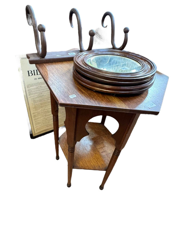 Oak Liberty style Moorish occasional table, Bentwood three hook wall rack, pair circular bevelled wall mirrors and framed original billiard rules notice (5).