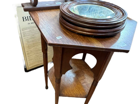 Oak Liberty style Moorish occasional table, Bentwood three hook wall rack,...