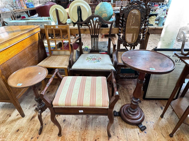 Victorian carved oak hall chair, Hepplewhite style mahogany elbow chair, Waring & Gillow oak bedroom chair, two mahogany triform wine tables and Edwardian piano stool (6).