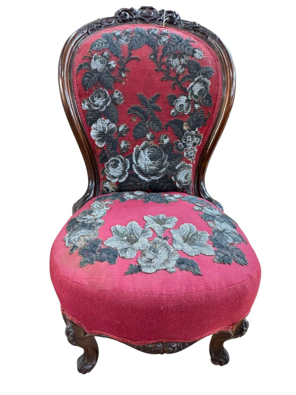 Victorian nursing chair in floral beadwork patterned fabric.