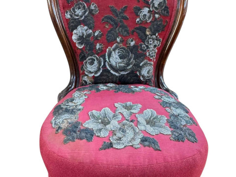 Victorian nursing chair in floral beadwork patterned fabric.