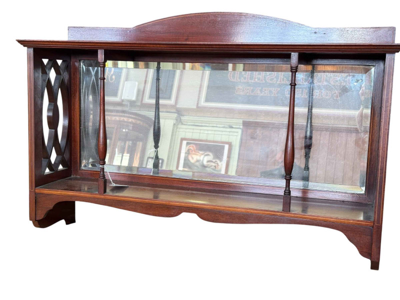 Edwardian mahogany and line inlaid mirror backed wall shelf, 46cm by 73cm by 18cm.