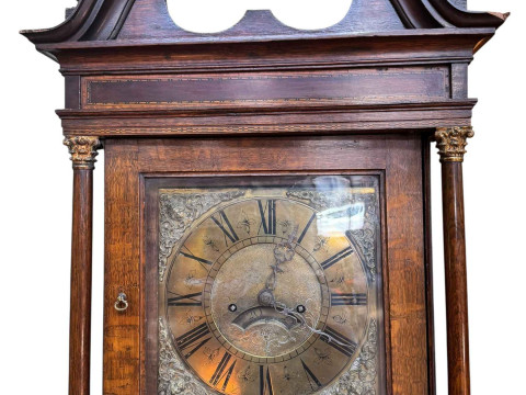 Antique inlaid oak and mahogany eight day longcase clock having square brass dial, signed Laurence Earnshaw, 220cm. thumbnail