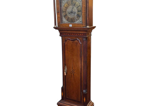Antique inlaid oak and mahogany eight day longcase clock having square...