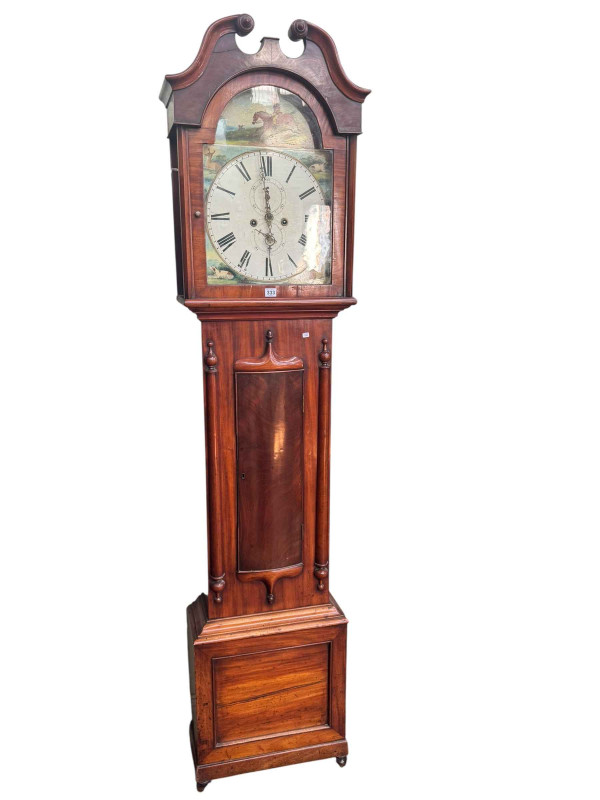Antique mahogany eight day longcase clock having painted arched dial depicting hunting scenes, 220cm.