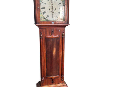 Antique mahogany eight day longcase clock having painted arched dial depicting...