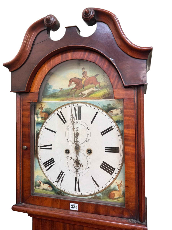 Antique mahogany eight day longcase clock having painted arched dial depicting hunting scenes, 220cm.