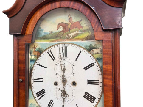 Antique mahogany eight day longcase clock having painted arched dial depicting hunting scenes, 220cm. thumbnail