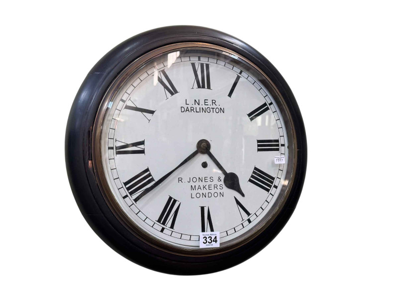 Fusee wall clock, the dial marked L.N.E.R. Darlington, R. Jones & Co Makers, London, 41cm diameter.