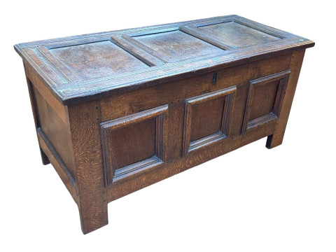 Antique jointed oak triple panel front coffer, 59.5cm by 121cm by 55cm.