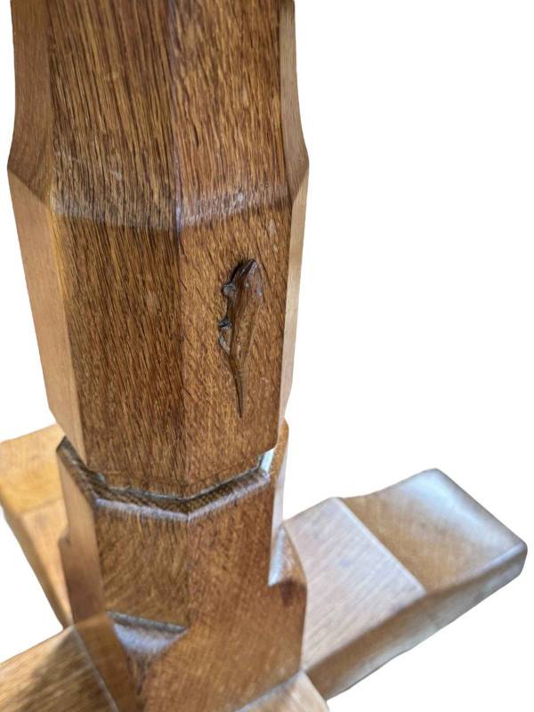 Derek 'Lizardman' Slater octagonal adzed oak centre table raised on octagonal pedestal to four feet, 72cm by 89cm by 90cm.