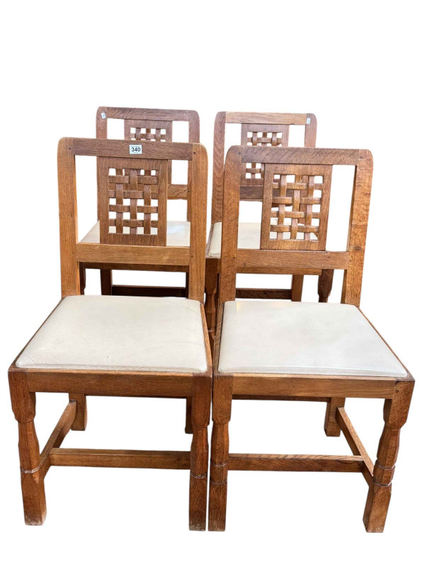 Derek 'Lizardman' Slater set of four oak lattice back dining chairs.