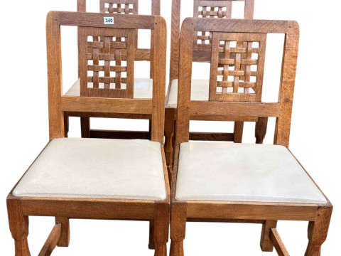 Derek 'Lizardman' Slater set of four oak lattice back dining chairs.