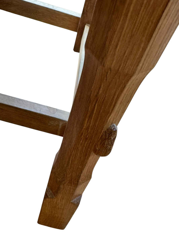 Peter 'Rabbitman' Heap oak and blue studded hide elbow chair.