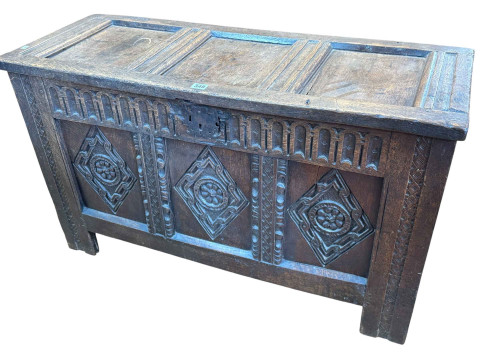 Antique oak triple carved panel front coffer, 58cm by 100.5cm by 39cm,...
