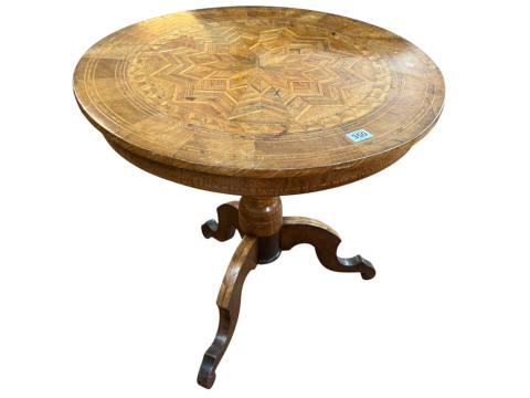 19th Century inlaid walnut circular low table on pedestal triform base,...