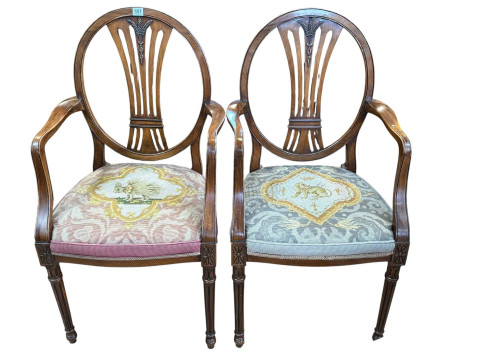 Pair Hepplewhite style tapestry seated elbow chairs.