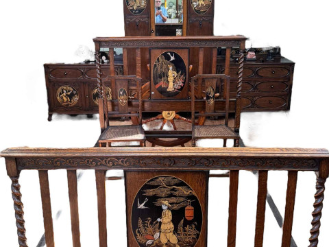 Early 20th Century oak and chinoiserie decorated six piece bedroom suite...