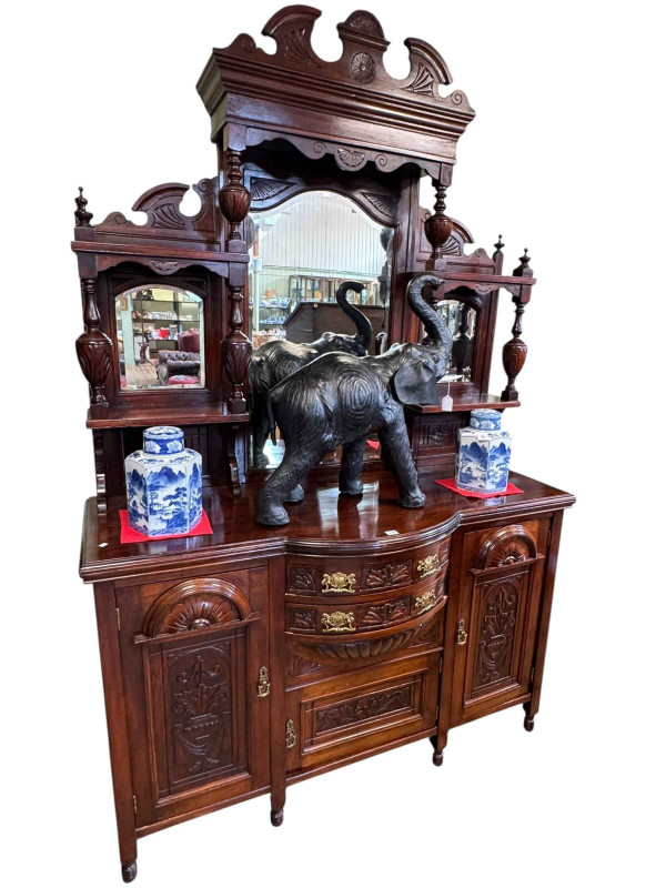 Late Victorian mirror back sideboard, 227cm by 150cm by 57cm.