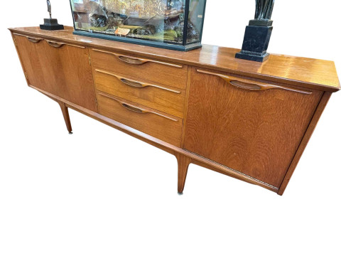 Mid Century teak long john sideboard, 76cm by 198cm by 45cm.