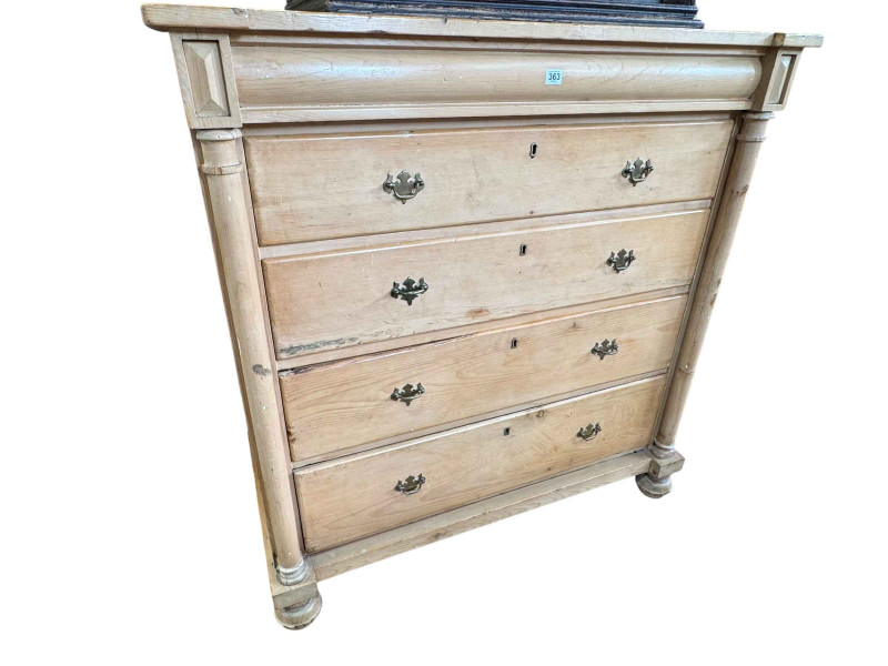 Waxed pine Victorian chest of four long drawers on bun feet, 123.5cm by 119cm by 60cm.