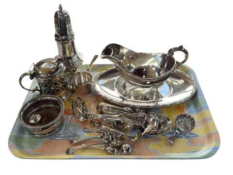 Silver plated castor, sauce boat and stand, coaster, pan and preserve...