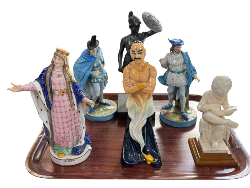 Royal Doulton 'The Genie', French La Reine figure, pair of Continental figures, metal Roman figure and child figure.