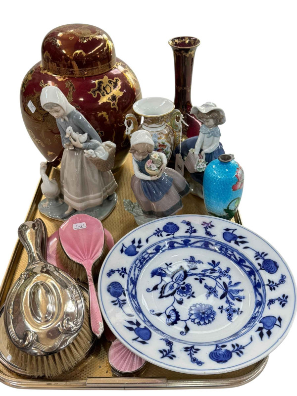 Meissen plate, large Carlton Rouge lustre ginger jar, Devon Fielding Sylvan lustrine vase, silver backed mirrors and brushes, three Lladro figures, Cloisonné vase and Continental urn vase.