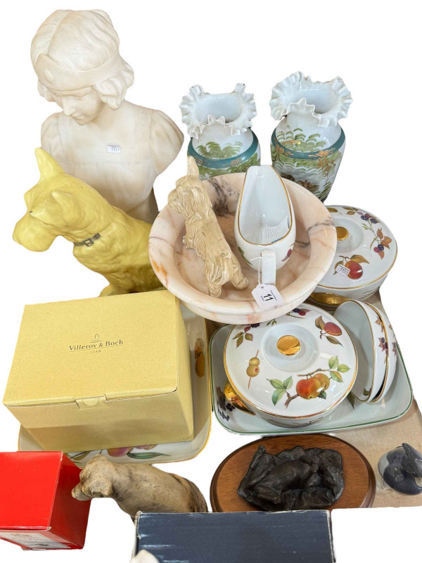 Large Sylvac yellow Scottie Dog 1209 and Skye Terrier, Royal Worcester Evesham tableware, large bust, pair of painted glass vases, etc.