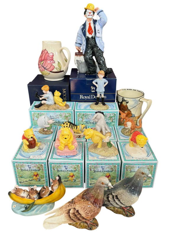 Ten Royal Doulton Winnie the Pooh characters, Doulton The Gallant Fishers jug and Slapdash figure, Border Fine Arts Landahoy, two Beswick pigeons 1383 and Moorcroft jug.