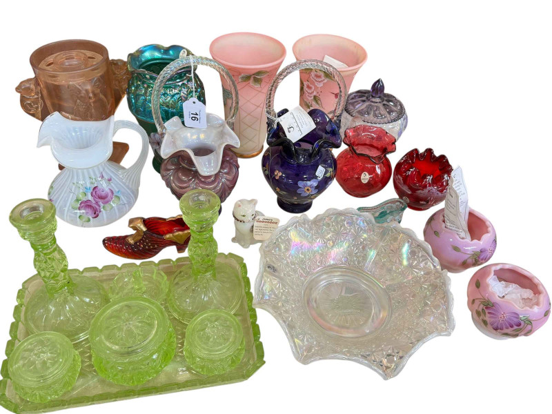 Collection of coloured glass including Fenton, trinket set and D Frederick powder bowl.